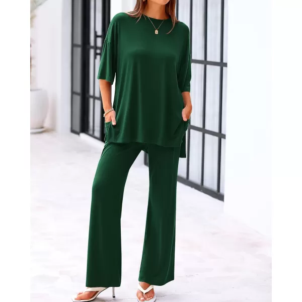 imageBTFBM Women 2 Piece Outfits Casual Loose Slit Short Sleeve Top Wide Leg Pants Matching Lounge Sets Tracksuit With PocketSolid Dark Green