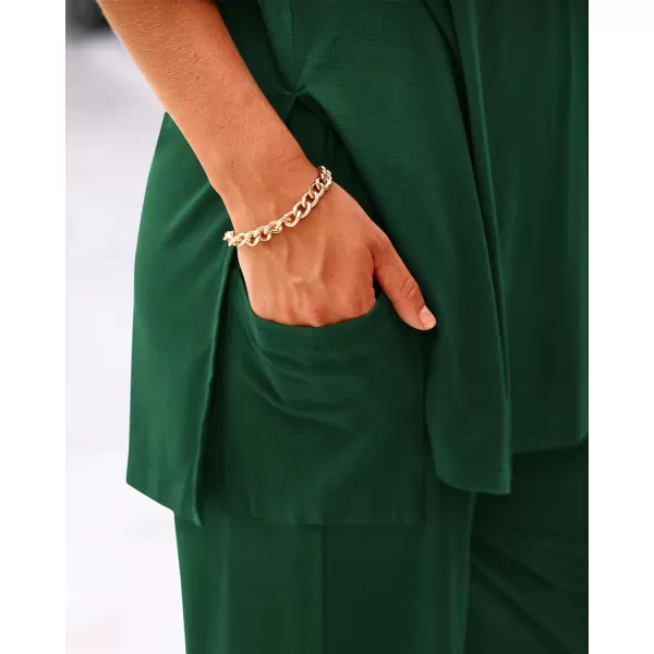 imageBTFBM Women 2 Piece Outfits Casual Loose Slit Short Sleeve Top Wide Leg Pants Matching Lounge Sets Tracksuit With PocketSolid Dark Green