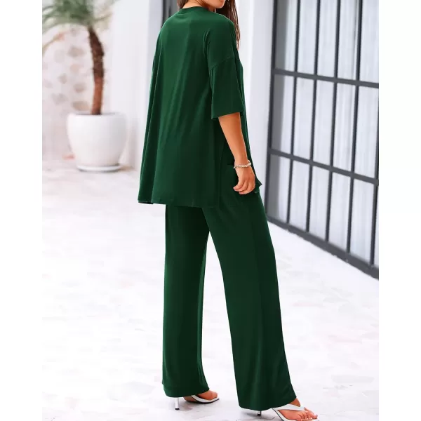 imageBTFBM Women 2 Piece Outfits Casual Loose Slit Short Sleeve Top Wide Leg Pants Matching Lounge Sets Tracksuit With PocketSolid Dark Green