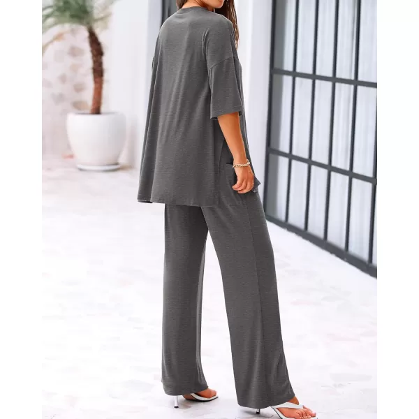 imageBTFBM Women 2 Piece Outfits Casual Loose Slit Short Sleeve Top Wide Leg Pants Matching Lounge Sets Tracksuit With PocketSolid Dark Grey