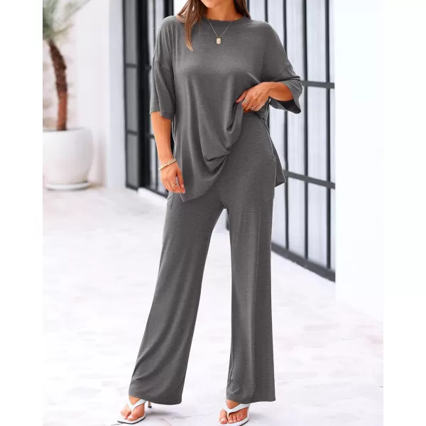 imageBTFBM Women 2 Piece Outfits Casual Loose Slit Short Sleeve Top Wide Leg Pants Matching Lounge Sets Tracksuit With PocketSolid Dark Grey