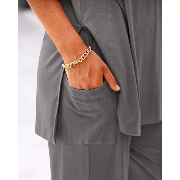 imageBTFBM Women 2 Piece Outfits Casual Loose Slit Short Sleeve Top Wide Leg Pants Matching Lounge Sets Tracksuit With PocketSolid Dark Grey