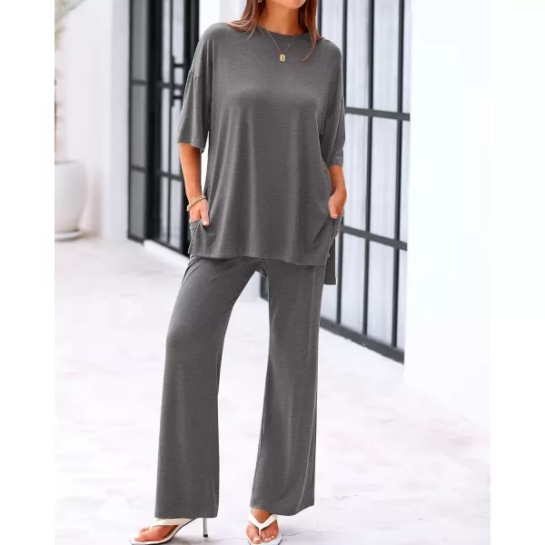 imageBTFBM Women 2 Piece Outfits Casual Loose Slit Short Sleeve Top Wide Leg Pants Matching Lounge Sets Tracksuit With PocketSolid Dark Grey
