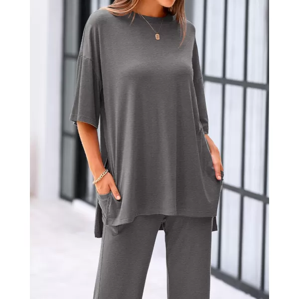 imageBTFBM Women 2 Piece Outfits Casual Loose Slit Short Sleeve Top Wide Leg Pants Matching Lounge Sets Tracksuit With PocketSolid Dark Grey