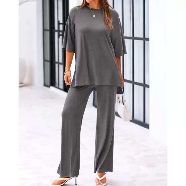 imageBTFBM Women 2 Piece Outfits Casual Loose Slit Short Sleeve Top Wide Leg Pants Matching Lounge Sets Tracksuit With PocketSolid Dark Grey