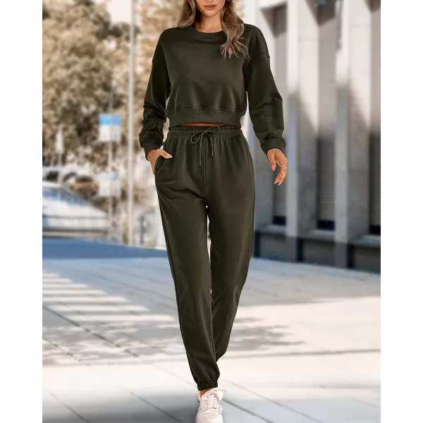 imageBTFBM Women 2 Piece Outfits Long Sleeve Crop Top Pullover Drawstring Pant Jogger Set Casual Sweatsuits Tracksuit PocketsSolid Army Green
