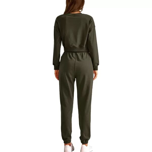 imageBTFBM Women 2 Piece Outfits Long Sleeve Crop Top Pullover Drawstring Pant Jogger Set Casual Sweatsuits Tracksuit PocketsSolid Army Green