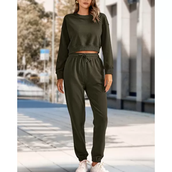 imageBTFBM Women 2 Piece Outfits Long Sleeve Crop Top Pullover Drawstring Pant Jogger Set Casual Sweatsuits Tracksuit PocketsSolid Army Green