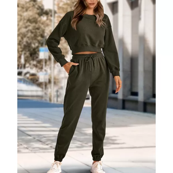imageBTFBM Women 2 Piece Outfits Long Sleeve Crop Top Pullover Drawstring Pant Jogger Set Casual Sweatsuits Tracksuit PocketsSolid Army Green