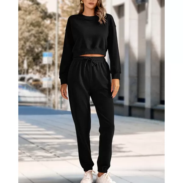 imageBTFBM Women 2 Piece Outfits Long Sleeve Crop Top Pullover Drawstring Pant Jogger Set Casual Sweatsuits Tracksuit PocketsSolid Black