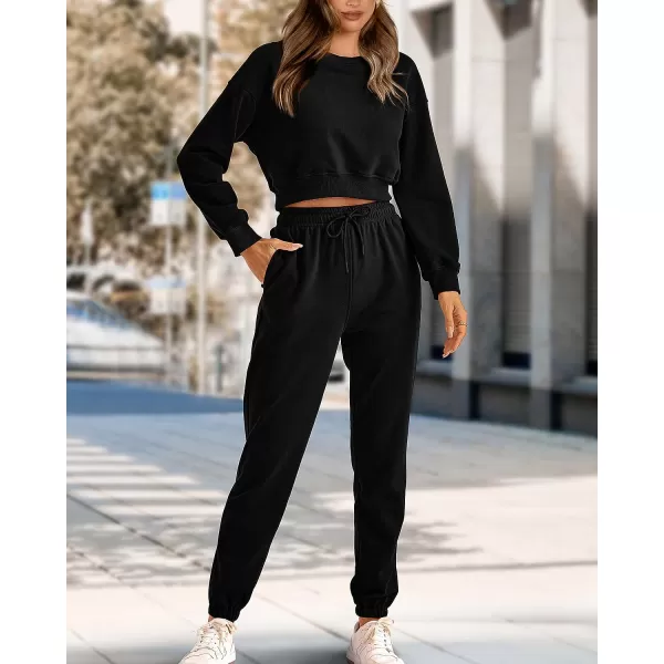 imageBTFBM Women 2 Piece Outfits Long Sleeve Crop Top Pullover Drawstring Pant Jogger Set Casual Sweatsuits Tracksuit PocketsSolid Black