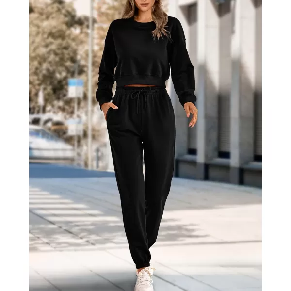 imageBTFBM Women 2 Piece Outfits Long Sleeve Crop Top Pullover Drawstring Pant Jogger Set Casual Sweatsuits Tracksuit PocketsSolid Black