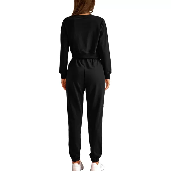 imageBTFBM Women 2 Piece Outfits Long Sleeve Crop Top Pullover Drawstring Pant Jogger Set Casual Sweatsuits Tracksuit PocketsSolid Black