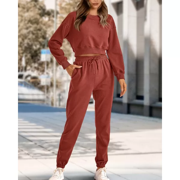 imageBTFBM Women 2 Piece Outfits Long Sleeve Crop Top Pullover Drawstring Pant Jogger Set Casual Sweatsuits Tracksuit PocketsSolid Brick Red