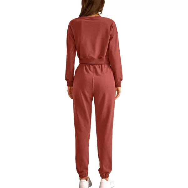 imageBTFBM Women 2 Piece Outfits Long Sleeve Crop Top Pullover Drawstring Pant Jogger Set Casual Sweatsuits Tracksuit PocketsSolid Brick Red