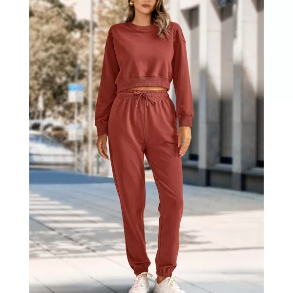 imageBTFBM Women 2 Piece Outfits Long Sleeve Crop Top Pullover Drawstring Pant Jogger Set Casual Sweatsuits Tracksuit PocketsSolid Brick Red