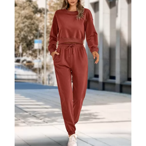 imageBTFBM Women 2 Piece Outfits Long Sleeve Crop Top Pullover Drawstring Pant Jogger Set Casual Sweatsuits Tracksuit PocketsSolid Brick Red