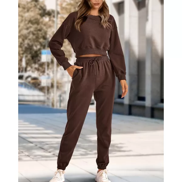 imageBTFBM Women 2 Piece Outfits Long Sleeve Crop Top Pullover Drawstring Pant Jogger Set Casual Sweatsuits Tracksuit PocketsSolid Coffee
