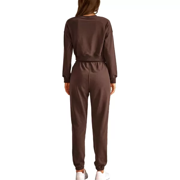 imageBTFBM Women 2 Piece Outfits Long Sleeve Crop Top Pullover Drawstring Pant Jogger Set Casual Sweatsuits Tracksuit PocketsSolid Coffee