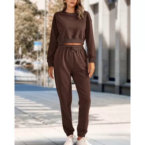 imageBTFBM Women 2 Piece Outfits Long Sleeve Crop Top Pullover Drawstring Pant Jogger Set Casual Sweatsuits Tracksuit PocketsSolid Coffee