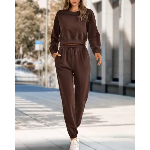 imageBTFBM Women 2 Piece Outfits Long Sleeve Crop Top Pullover Drawstring Pant Jogger Set Casual Sweatsuits Tracksuit PocketsSolid Coffee