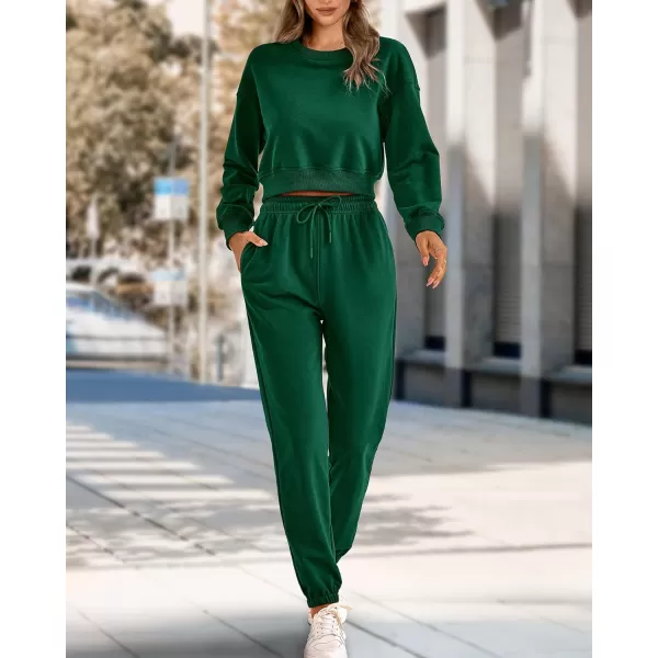 imageBTFBM Women 2 Piece Outfits Long Sleeve Crop Top Pullover Drawstring Pant Jogger Set Casual Sweatsuits Tracksuit PocketsSolid Dark Green