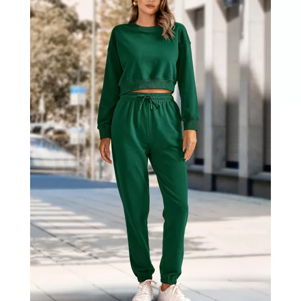 imageBTFBM Women 2 Piece Outfits Long Sleeve Crop Top Pullover Drawstring Pant Jogger Set Casual Sweatsuits Tracksuit PocketsSolid Dark Green