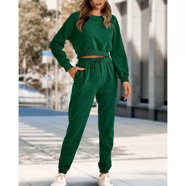 imageBTFBM Women 2 Piece Outfits Long Sleeve Crop Top Pullover Drawstring Pant Jogger Set Casual Sweatsuits Tracksuit PocketsSolid Dark Green