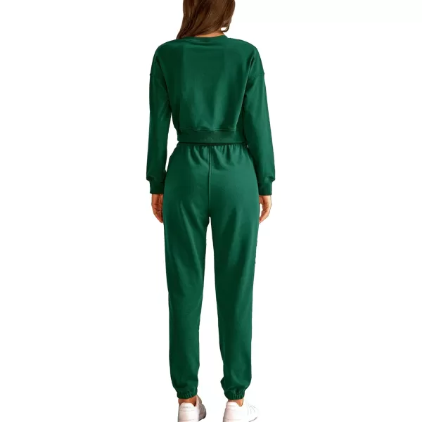 imageBTFBM Women 2 Piece Outfits Long Sleeve Crop Top Pullover Drawstring Pant Jogger Set Casual Sweatsuits Tracksuit PocketsSolid Dark Green