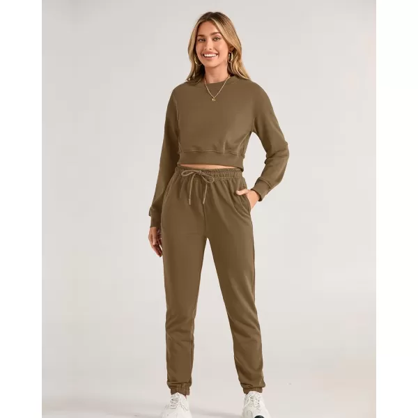 imageBTFBM Women 2 Piece Outfits Long Sleeve Crop Top Pullover Drawstring Pant Jogger Set Casual Sweatsuits Tracksuit PocketsSolid Dark Khaki