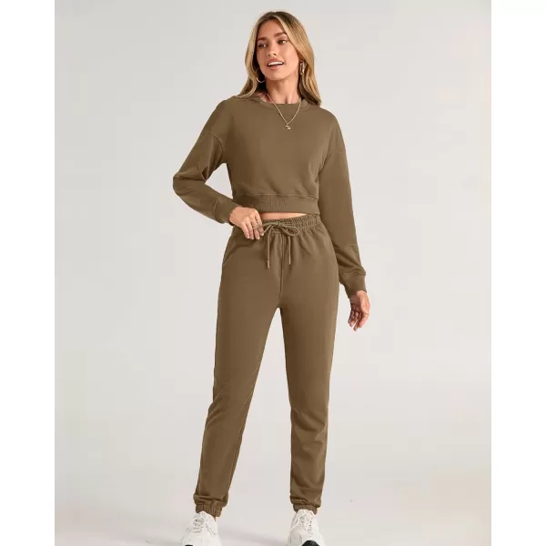 imageBTFBM Women 2 Piece Outfits Long Sleeve Crop Top Pullover Drawstring Pant Jogger Set Casual Sweatsuits Tracksuit PocketsSolid Dark Khaki