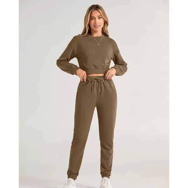 imageBTFBM Women 2 Piece Outfits Long Sleeve Crop Top Pullover Drawstring Pant Jogger Set Casual Sweatsuits Tracksuit PocketsSolid Dark Khaki