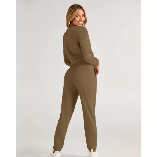 imageBTFBM Women 2 Piece Outfits Long Sleeve Crop Top Pullover Drawstring Pant Jogger Set Casual Sweatsuits Tracksuit PocketsSolid Dark Khaki
