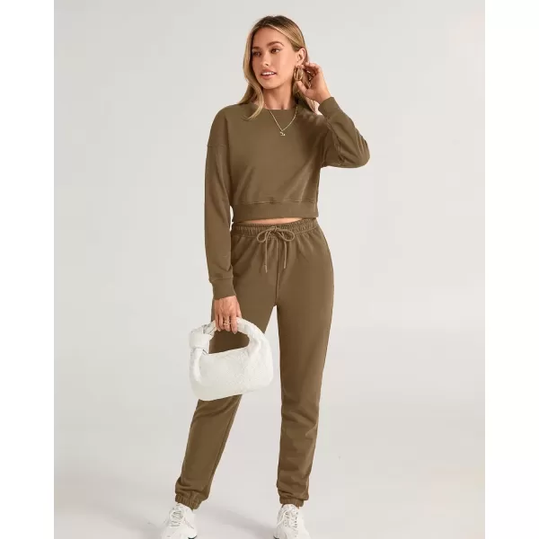 imageBTFBM Women 2 Piece Outfits Long Sleeve Crop Top Pullover Drawstring Pant Jogger Set Casual Sweatsuits Tracksuit PocketsSolid Dark Khaki