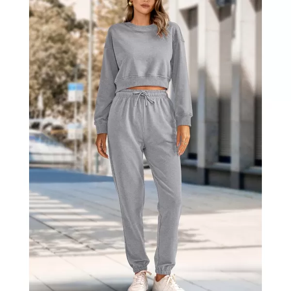 imageBTFBM Women 2 Piece Outfits Long Sleeve Crop Top Pullover Drawstring Pant Jogger Set Casual Sweatsuits Tracksuit PocketsSolid Grey