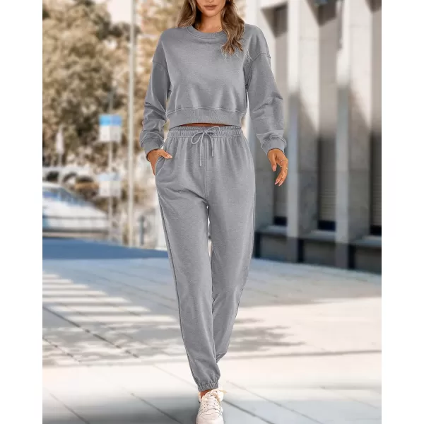 imageBTFBM Women 2 Piece Outfits Long Sleeve Crop Top Pullover Drawstring Pant Jogger Set Casual Sweatsuits Tracksuit PocketsSolid Grey