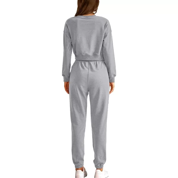 imageBTFBM Women 2 Piece Outfits Long Sleeve Crop Top Pullover Drawstring Pant Jogger Set Casual Sweatsuits Tracksuit PocketsSolid Grey