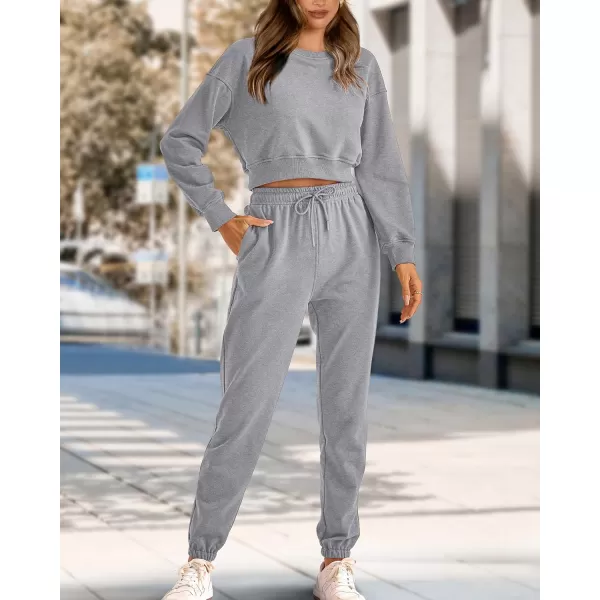 imageBTFBM Women 2 Piece Outfits Long Sleeve Crop Top Pullover Drawstring Pant Jogger Set Casual Sweatsuits Tracksuit PocketsSolid Grey