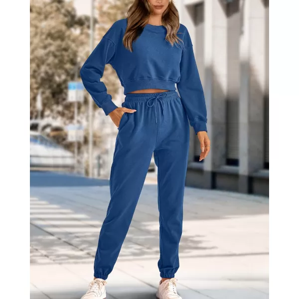 imageBTFBM Women 2 Piece Outfits Long Sleeve Crop Top Pullover Drawstring Pant Jogger Set Casual Sweatsuits Tracksuit PocketsSolid Lake Blue