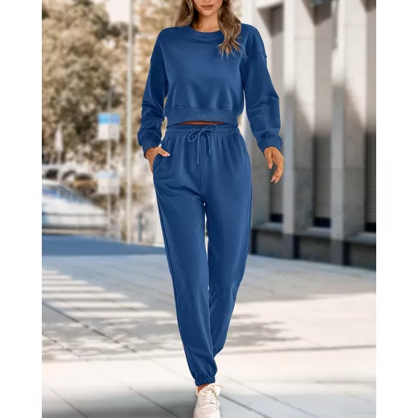 imageBTFBM Women 2 Piece Outfits Long Sleeve Crop Top Pullover Drawstring Pant Jogger Set Casual Sweatsuits Tracksuit PocketsSolid Lake Blue