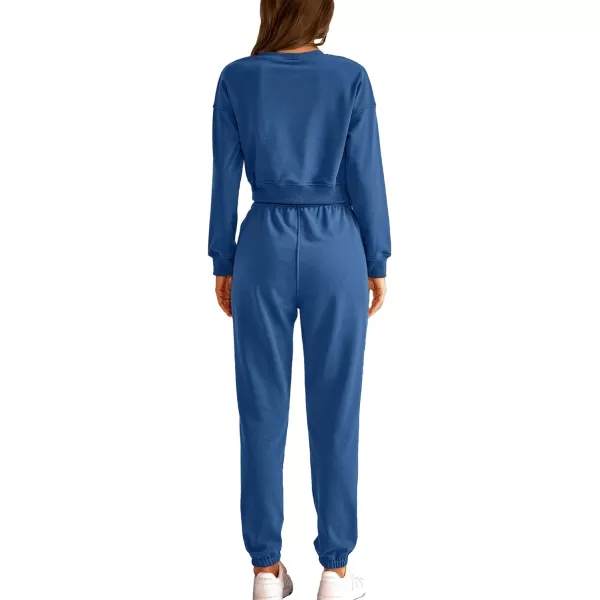 imageBTFBM Women 2 Piece Outfits Long Sleeve Crop Top Pullover Drawstring Pant Jogger Set Casual Sweatsuits Tracksuit PocketsSolid Lake Blue
