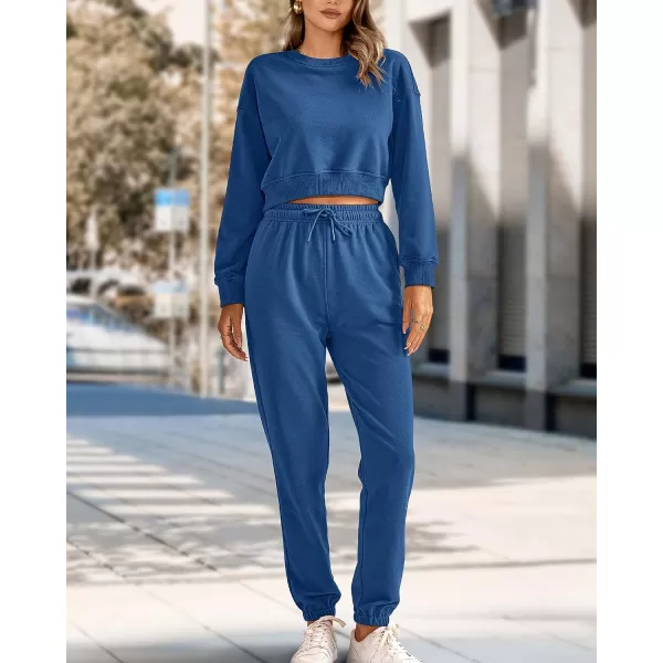 imageBTFBM Women 2 Piece Outfits Long Sleeve Crop Top Pullover Drawstring Pant Jogger Set Casual Sweatsuits Tracksuit PocketsSolid Lake Blue