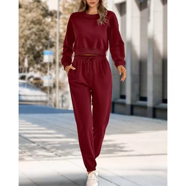 imageBTFBM Women 2 Piece Outfits Long Sleeve Crop Top Pullover Drawstring Pant Jogger Set Casual Sweatsuits Tracksuit PocketsSolid Wine Red