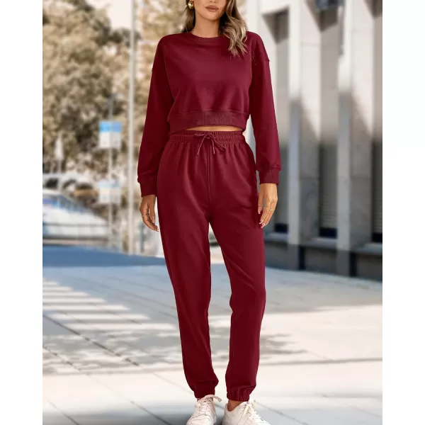 imageBTFBM Women 2 Piece Outfits Long Sleeve Crop Top Pullover Drawstring Pant Jogger Set Casual Sweatsuits Tracksuit PocketsSolid Wine Red