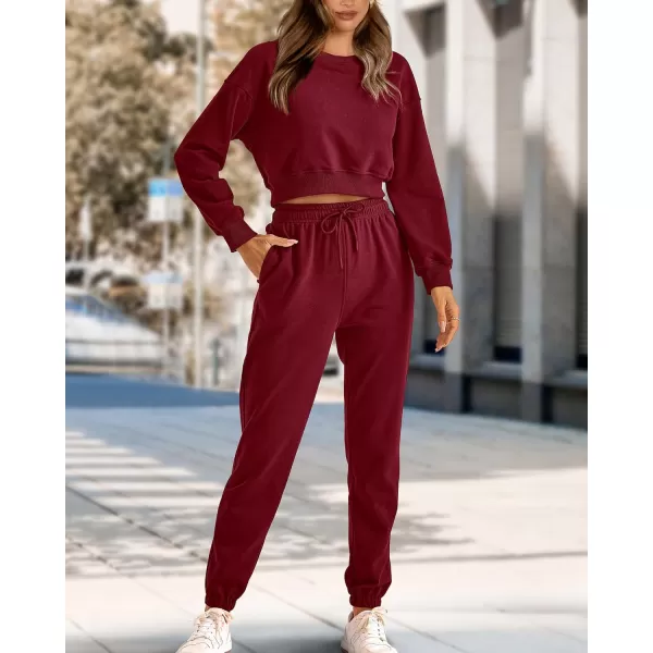 imageBTFBM Women 2 Piece Outfits Long Sleeve Crop Top Pullover Drawstring Pant Jogger Set Casual Sweatsuits Tracksuit PocketsSolid Wine Red