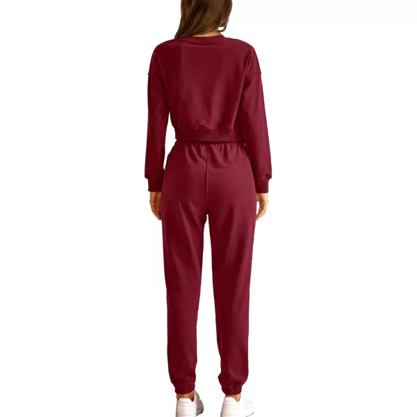 imageBTFBM Women 2 Piece Outfits Long Sleeve Crop Top Pullover Drawstring Pant Jogger Set Casual Sweatsuits Tracksuit PocketsSolid Wine Red