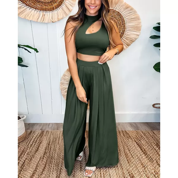 imageBTFBM Women 2 Piece Outfits Spring Summer Tracksuits Mock Neck Sleeveless Cutout Crop Top Wide Leg Long Pants SweatsuitsSolid Army Green