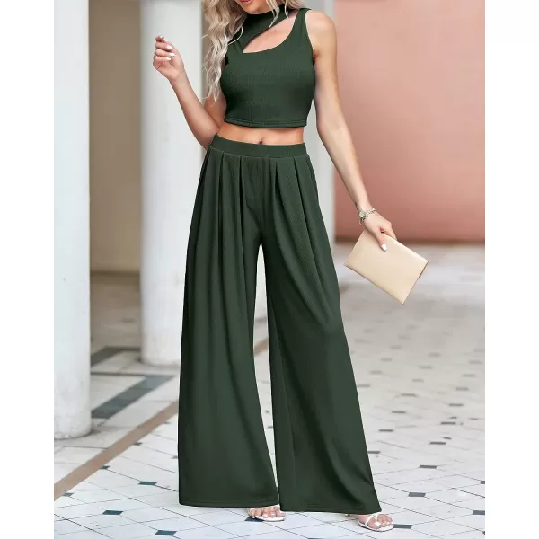 imageBTFBM Women 2 Piece Outfits Spring Summer Tracksuits Mock Neck Sleeveless Cutout Crop Top Wide Leg Long Pants SweatsuitsSolid Army Green