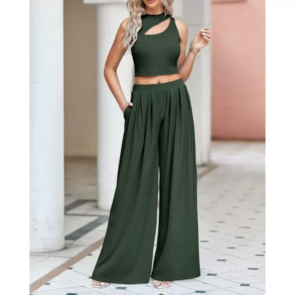 imageBTFBM Women 2 Piece Outfits Spring Summer Tracksuits Mock Neck Sleeveless Cutout Crop Top Wide Leg Long Pants SweatsuitsSolid Army Green