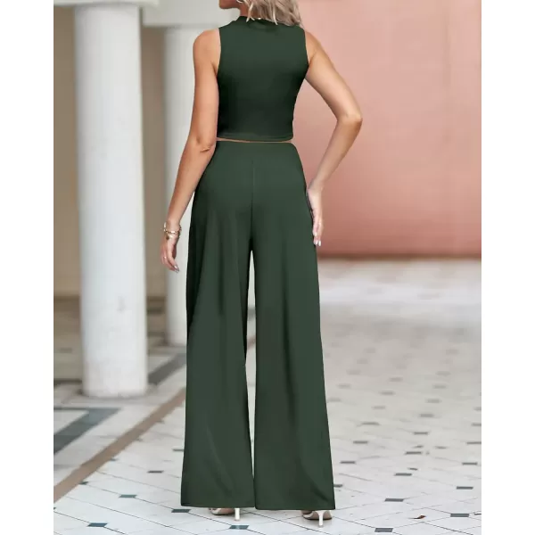 imageBTFBM Women 2 Piece Outfits Spring Summer Tracksuits Mock Neck Sleeveless Cutout Crop Top Wide Leg Long Pants SweatsuitsSolid Army Green